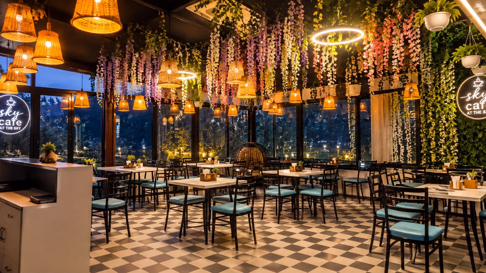 The Sky Cafe dining room, with hanging blooms above the tables and the valley through the glass